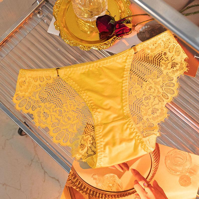 Luxury Satin Lace Panties Women Metal Hollow Out Transparent Mesh Seductive Triangle Underwear Comfort Fit Elegant Design