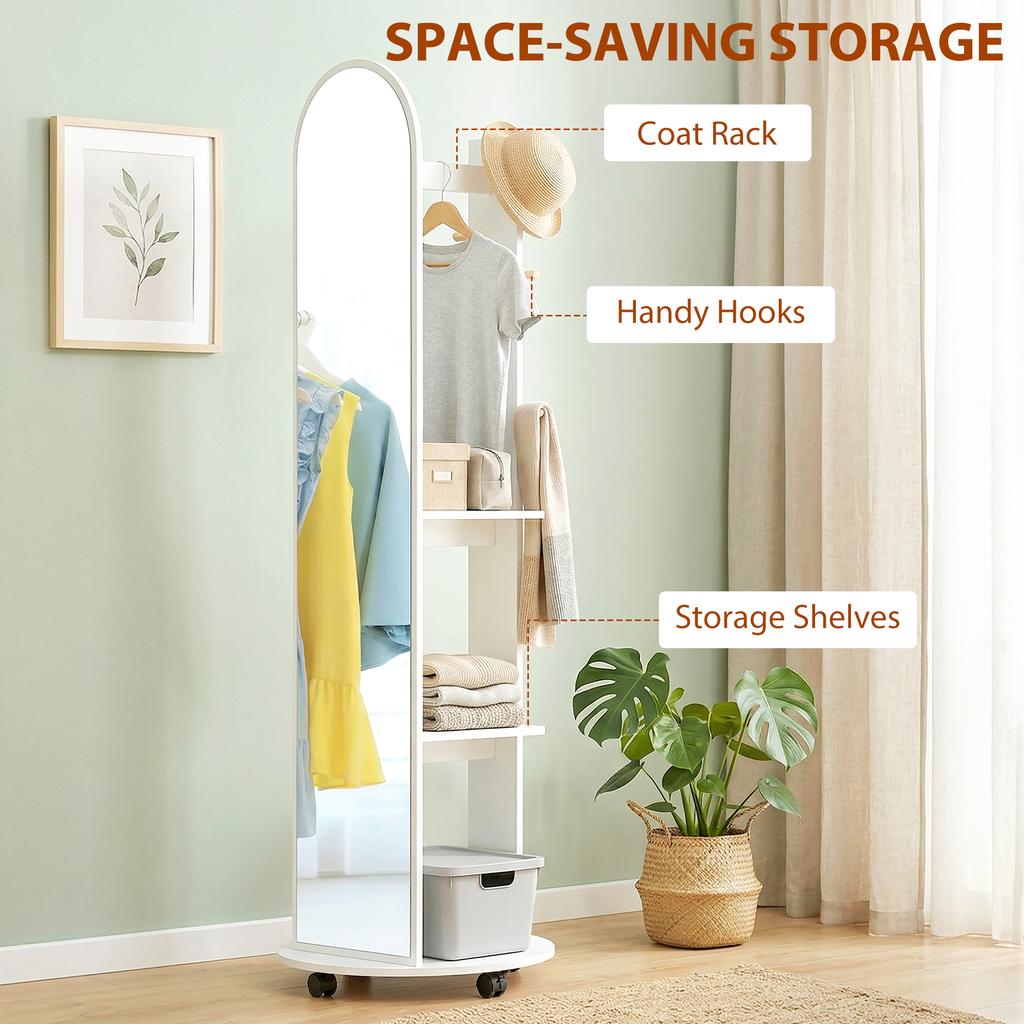 2 In 1 Full Length Mirror With Storage Shelves Floor Mirror With 4 Wheels Coat Rack Hooks White