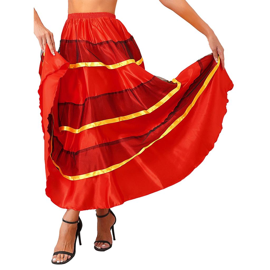 Womens Flamenco Dance Skirt Tiered Ruffles Wide Hemline Ballroom Dancing Skirt Carnival Stage Performance Costume