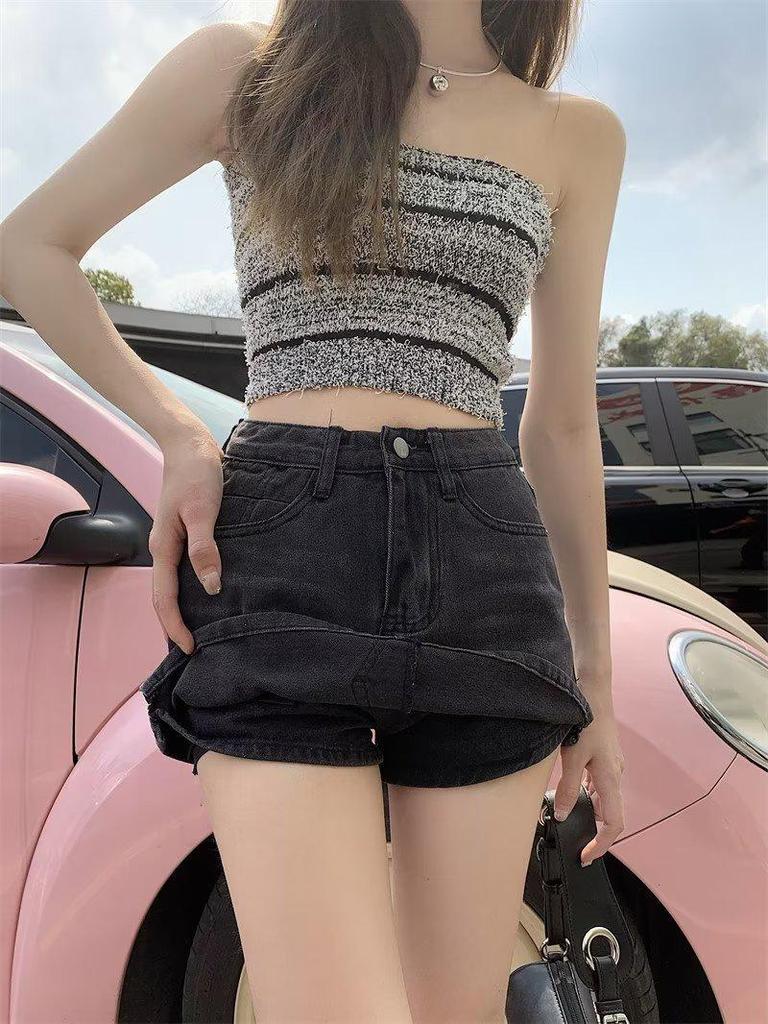 Шорты из денима с высокой талией и А-силуэтом для женщин — летний облегающий крой с разрезом, защищающим от воздействия внешней среды