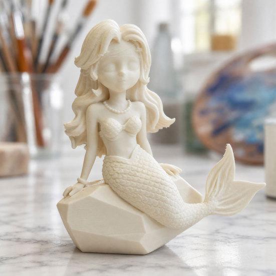 Nostalgie 3D Printed Mermaid Action Figure, Dark Gothic Style Figurine with Matte Black Finish, Movable Joints & Wide Rock Base, Decor for Desk