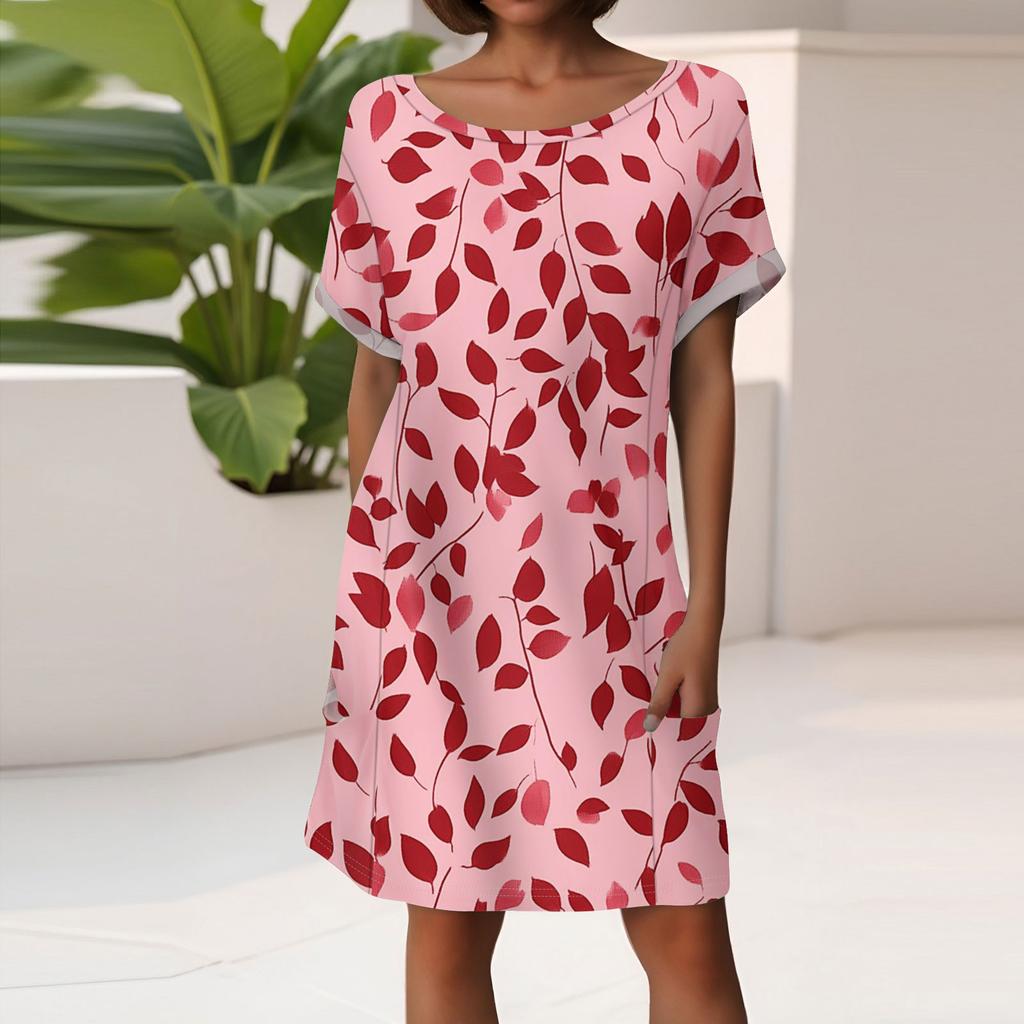 Women's Fashion Short Sleeve Dress With Pockets Floral Print Casual Beach Dress
