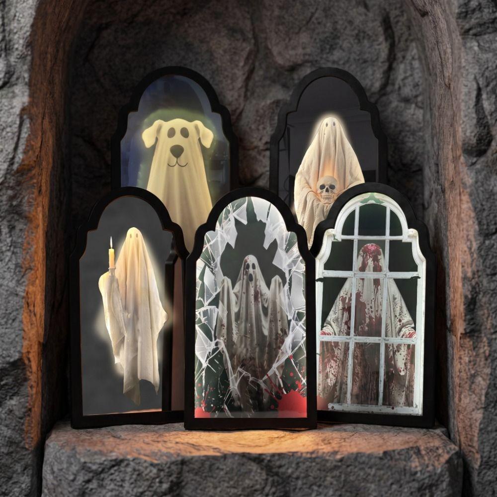 Battery Operated LED Mirror Decor Light Up Halloween Wall Decor Spooky Glowing Ghost Decor Bedroom