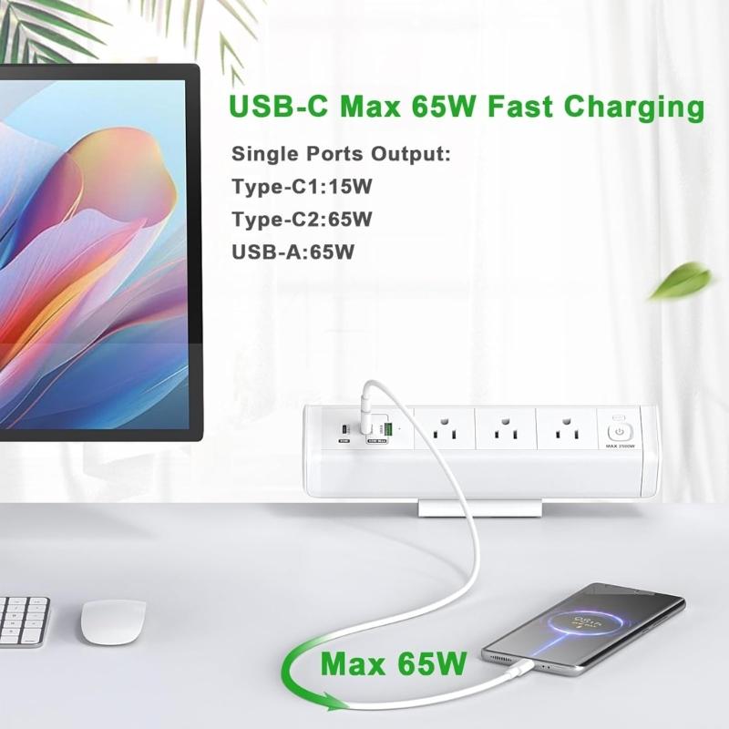Прикроватные тумбочки Монтаж на край Стяжки для кабелей Порт USB C Зажим для стола Защита от скачков напряжения с 3 розетками AC USB для домашнего офиса