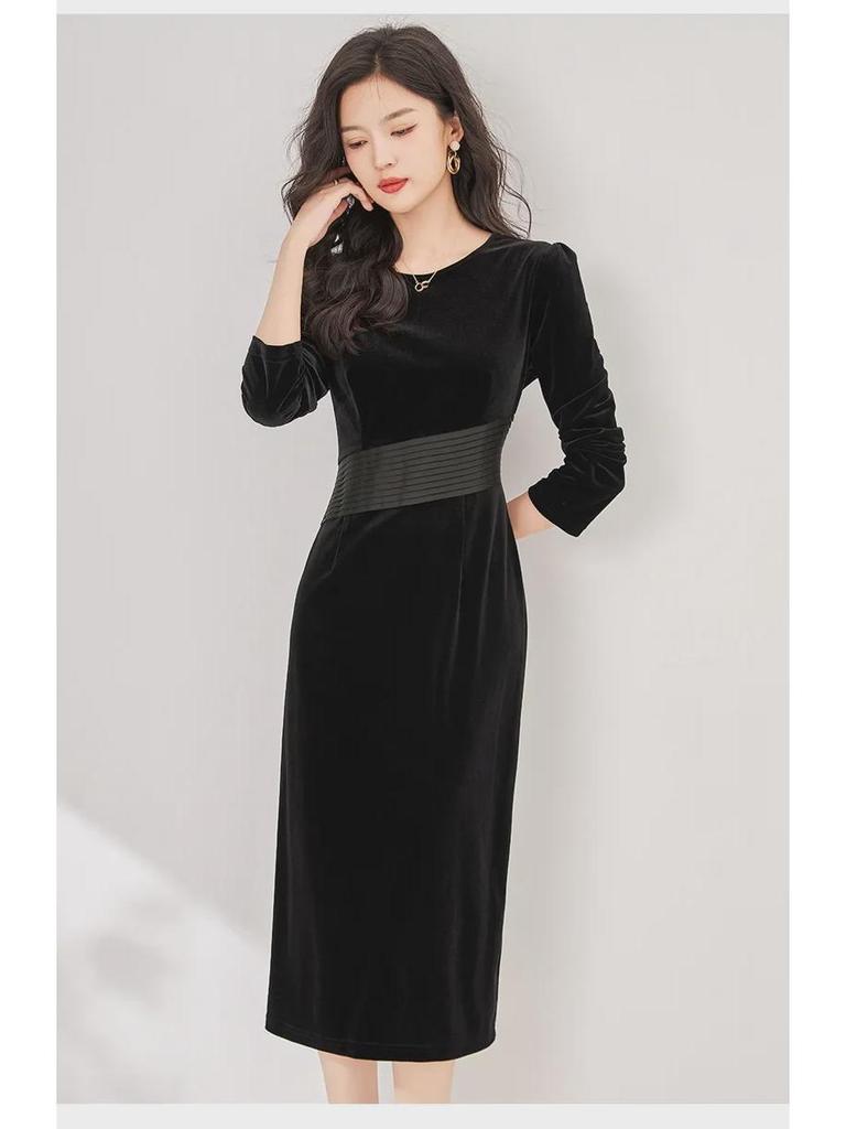 Элегантное бархатное платье: Осень/Зима, узкая талия, плиссировка, круглый вырез горловины