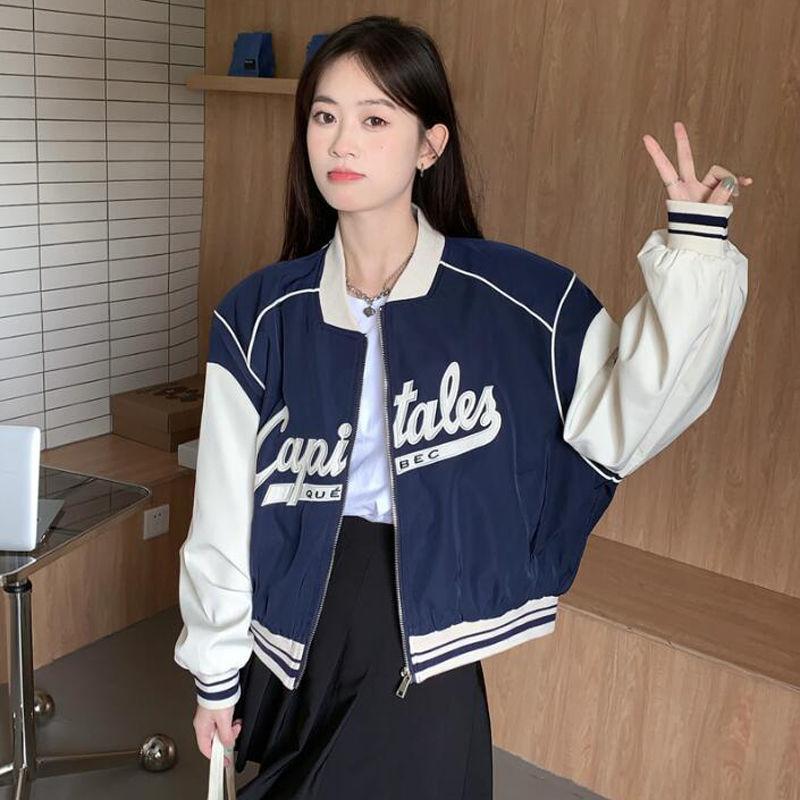 Harajuku Fashion Cropped Baseball Jacket Women Oversized Zipper Korean Streetwear Short Varsity Jackets Y2k Bomber Coat
