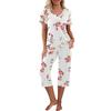 Women's Two Piece Pajamas Set V Neck Short Sleeve Top And Wide Leg Capris Pants Loose Lounge Set with Pockets