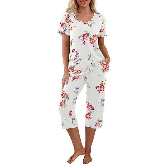 Women's Two Piece Pajamas Set V Neck Short Sleeve Top And Wide Leg Capris Pants Loose Lounge Set with Pockets