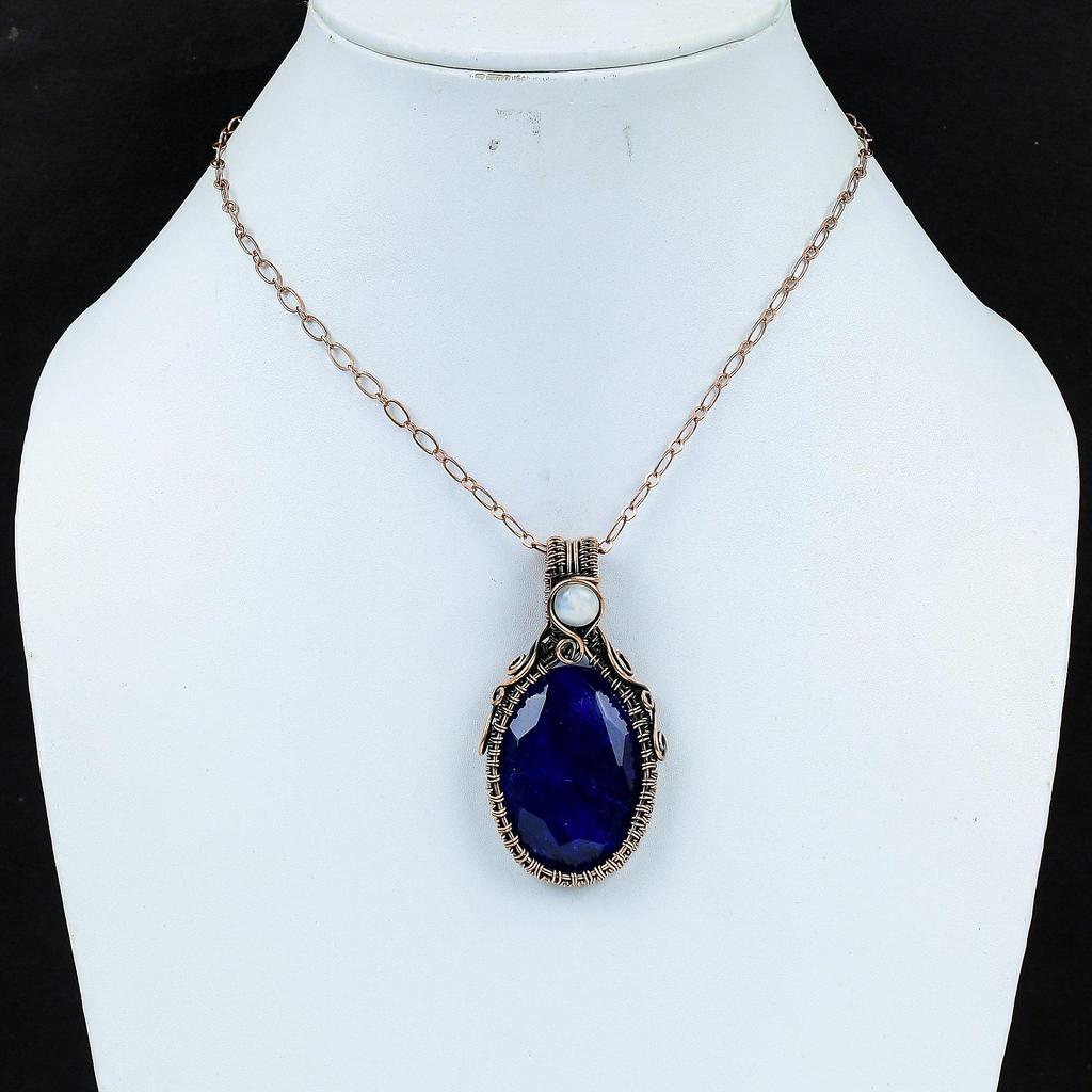 Blue Sapphire & Moonstone Gemstone Handmade Pure Copper Wire Wrapped Pendant Jewelry For Thanksgiving