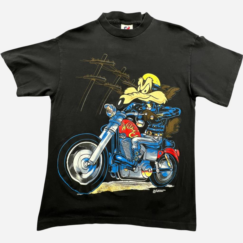 Vintage 90s Wile E Coyote T Shirt Mens Medium Biker Motorcycle Single Stitch USA