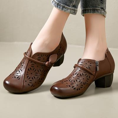 2024 весна-лето, новые туфли-лодочки из натуральной кожи, женская обувь на высоком каблуке на мягкой подошве в стиле ретро с полым круглым носком