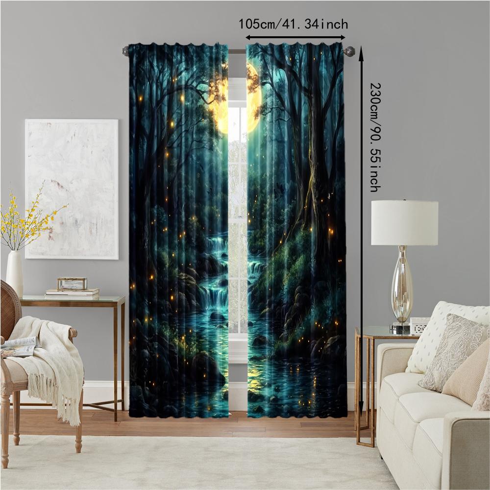 2 шт., универсальные полиэстеровые прозрачные шторы для украшения дома Сцена Лесного Лунного Потока для использования в спальнях и гостиных
