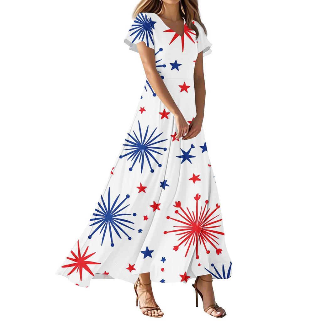 Женские повседневные модные платья с принтом ко Дню независимости, платья с коротким рукавом и V-образным вырезом