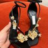 Fashion Golden Metallic Flowers Luxury Designer Women Pumps Summer Silk Heeled Sandals Sexy Square Toe Fine High Heels Party Dress Shoes
