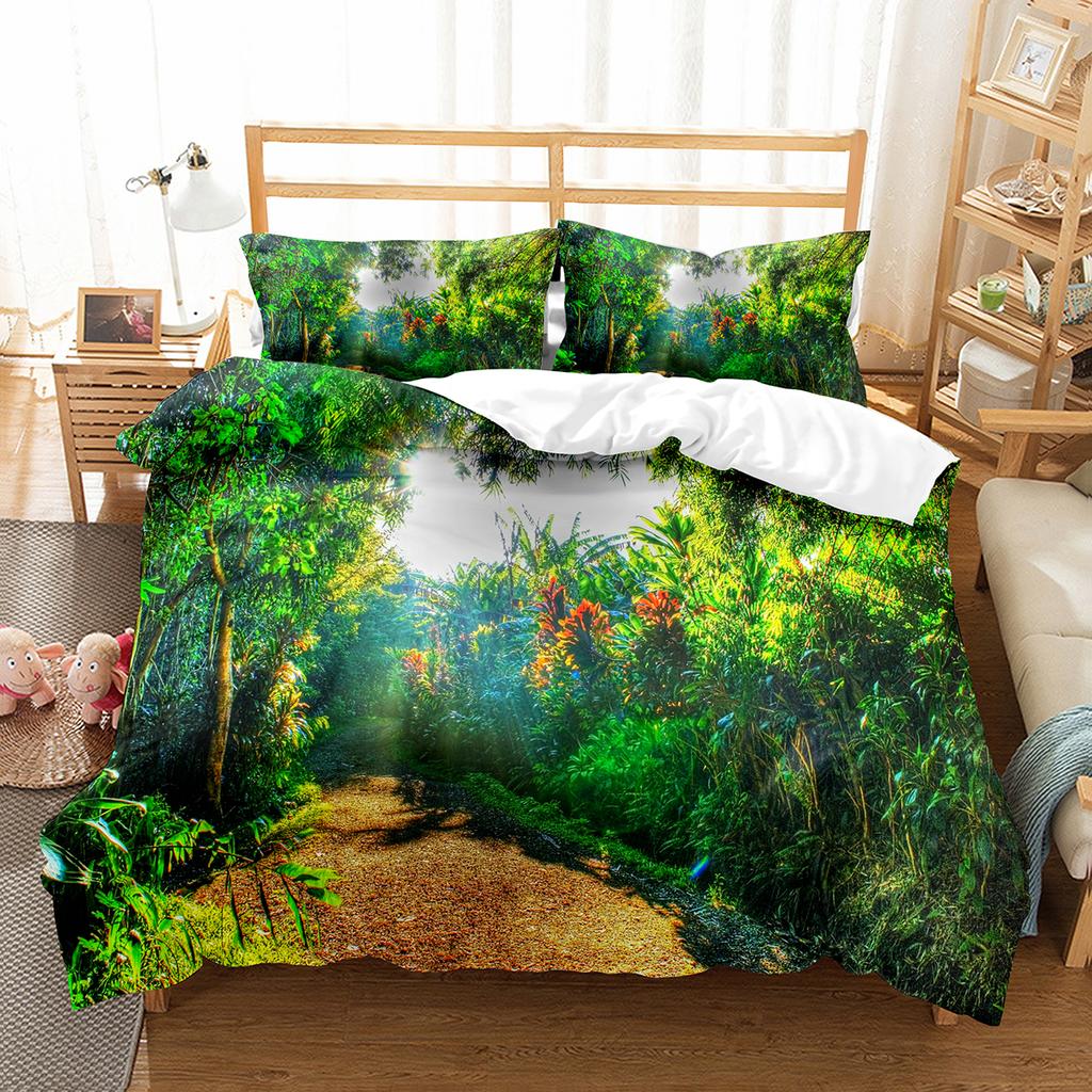 Green Jungle Theme King Queen Full Duvet Cover Forest Trees Bedding Set Natural Landscape Quilt Cover Polyester Comforter Cover