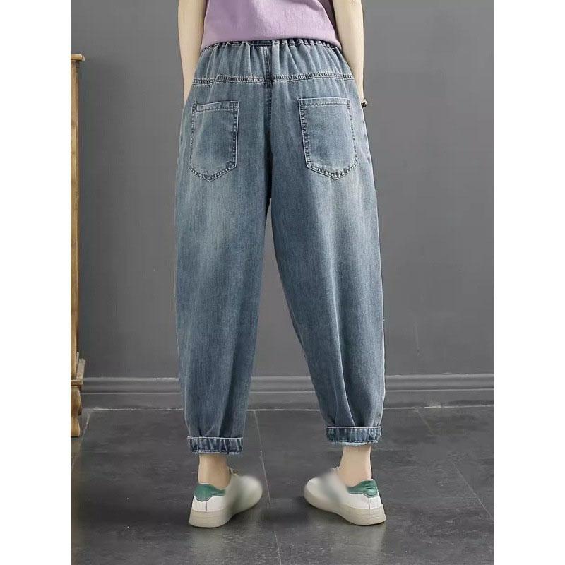 Весенние женские джинсы с вышитыми нашивками и эластичной резинкой на талии, свободные шаровары с девятью точками