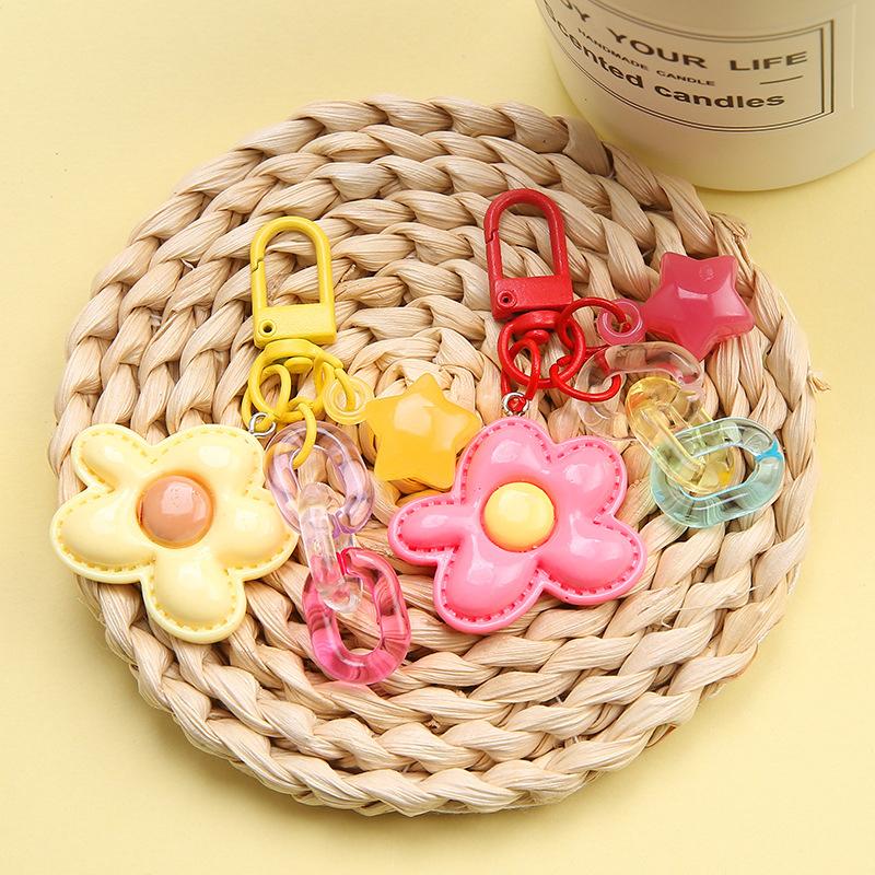 1Pc Cute Sweet Candy Color Flowers Star Keychain Universal Resin Floral Keyring For Girls Bag Pendant Backpack Decoration
