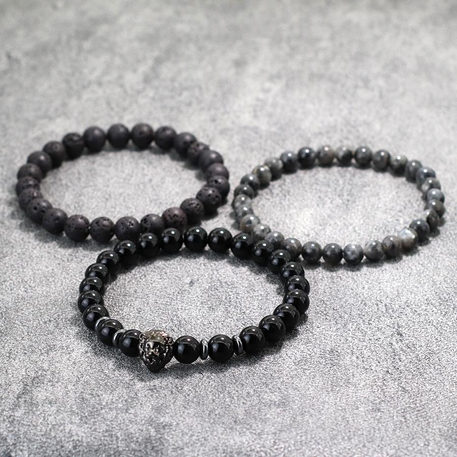 3 шт. бусины, нанизанные на бусины Будды, браслет для мужчин и женщин, крутые аксессуары в виде головы льва, черные блестящие бисерные украшения для рук из лавового камня для мужчин