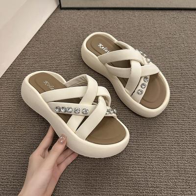 Тапочки со стразами на толстой подошве, лето 2025, новые женские тапочки с плоским дном и открытыми перекрещенными носками, дышащие