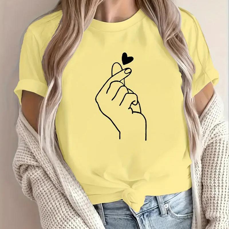 Women Summer T Shirt  Print Heart Gesture Short Sleeve Tees Casual   Printed  Tops