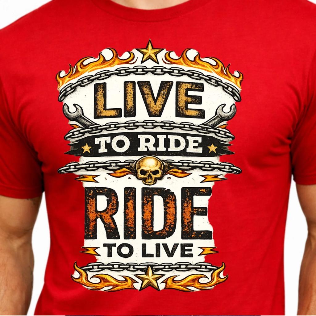 Live To Ride Ride To Live Skull Chains Flames Motorcycle Biker Slogan T-Shirt.