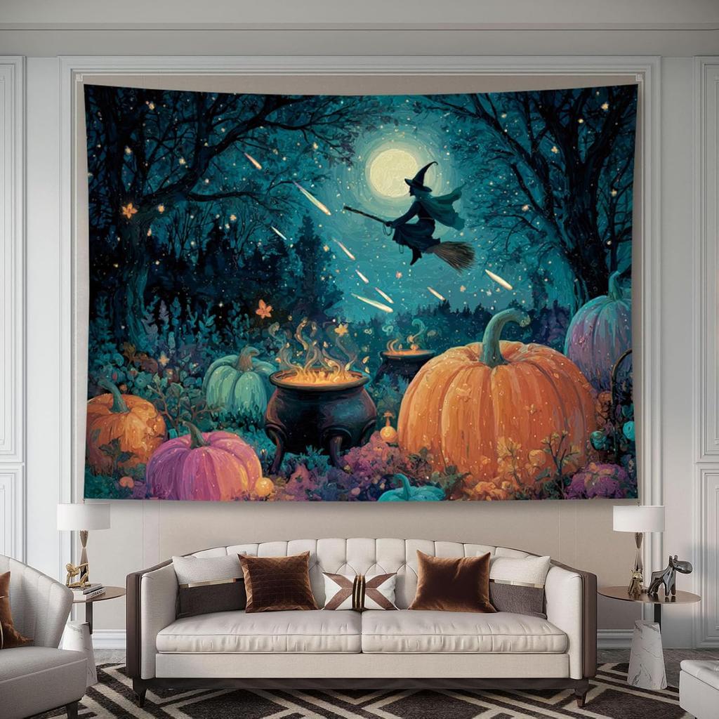 Large Halloween Tapestry Wall Hanging Spooky Witch Forest Pumpkin Autumn Decor Gothic Festive Seasonal Party Backdrop Art