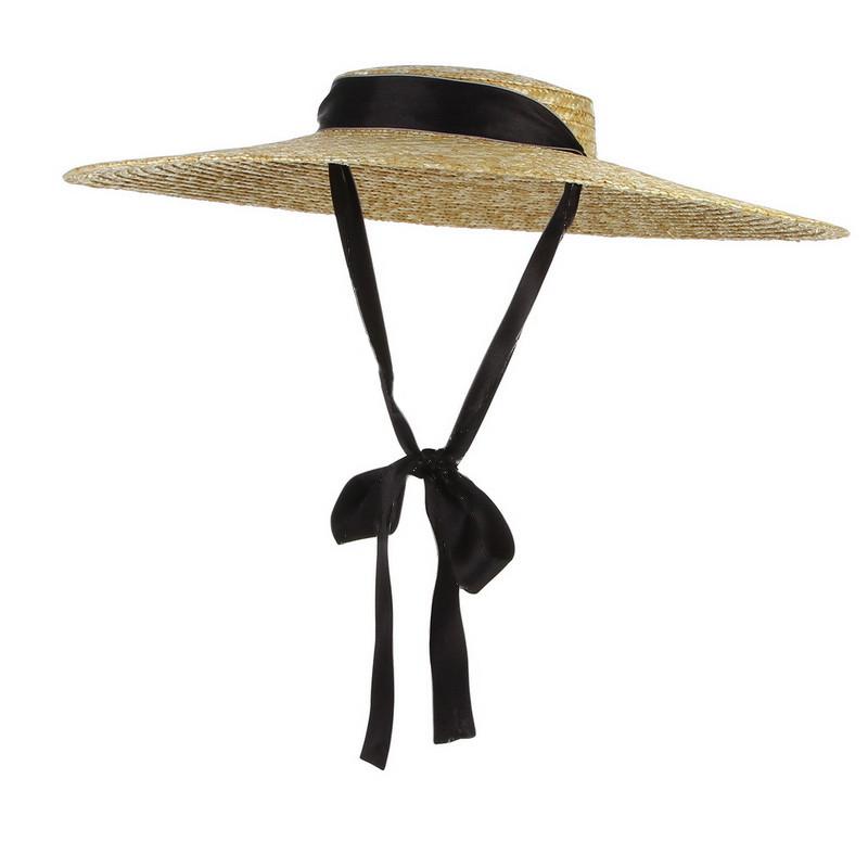 Summer Large Natural Wheat Straw Hats For Women Handmad Wide Brim Beach Visor Caps Elegant Flat Top Long Band Lace-Up Sun Protection Hat