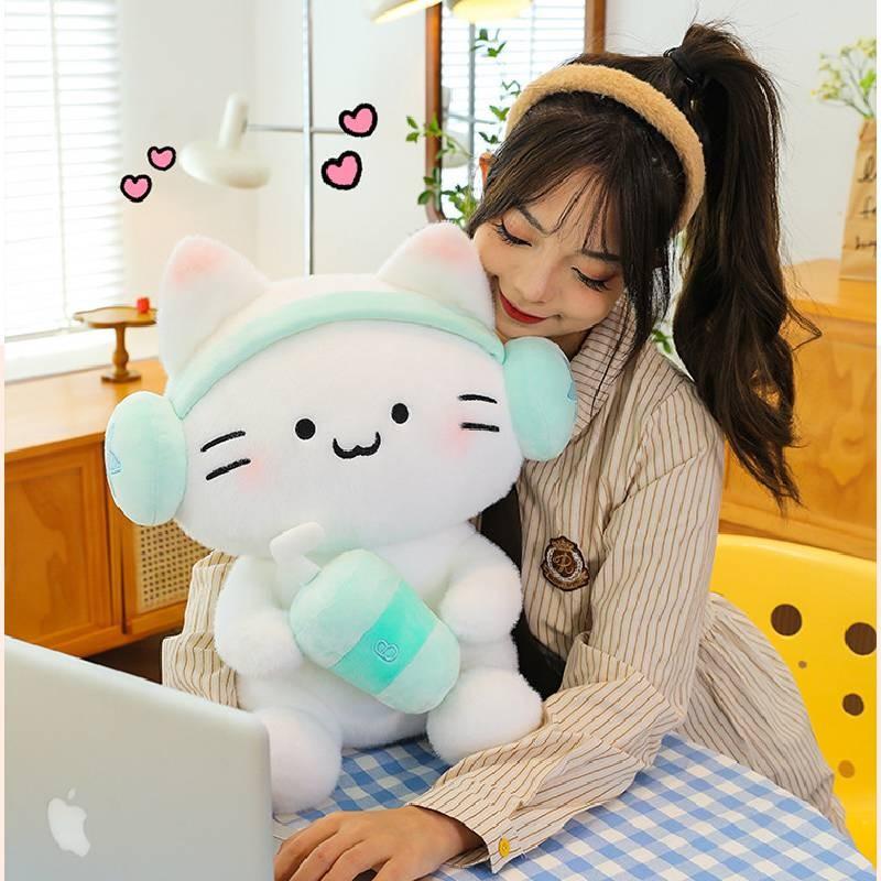 Plush Cat Toys Headset Milky Tea Cartoon Animals Fill Doll Xmas Gifts Garnish