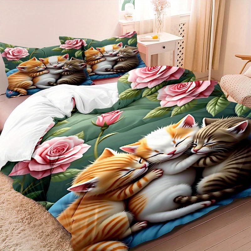 Комплект пододеяльника с минималистичным современным художественным 3D цветочным узором с котятами, 3 предмета, 1 * пододеяльник + 2 наволочки, вставка не входит в комплект