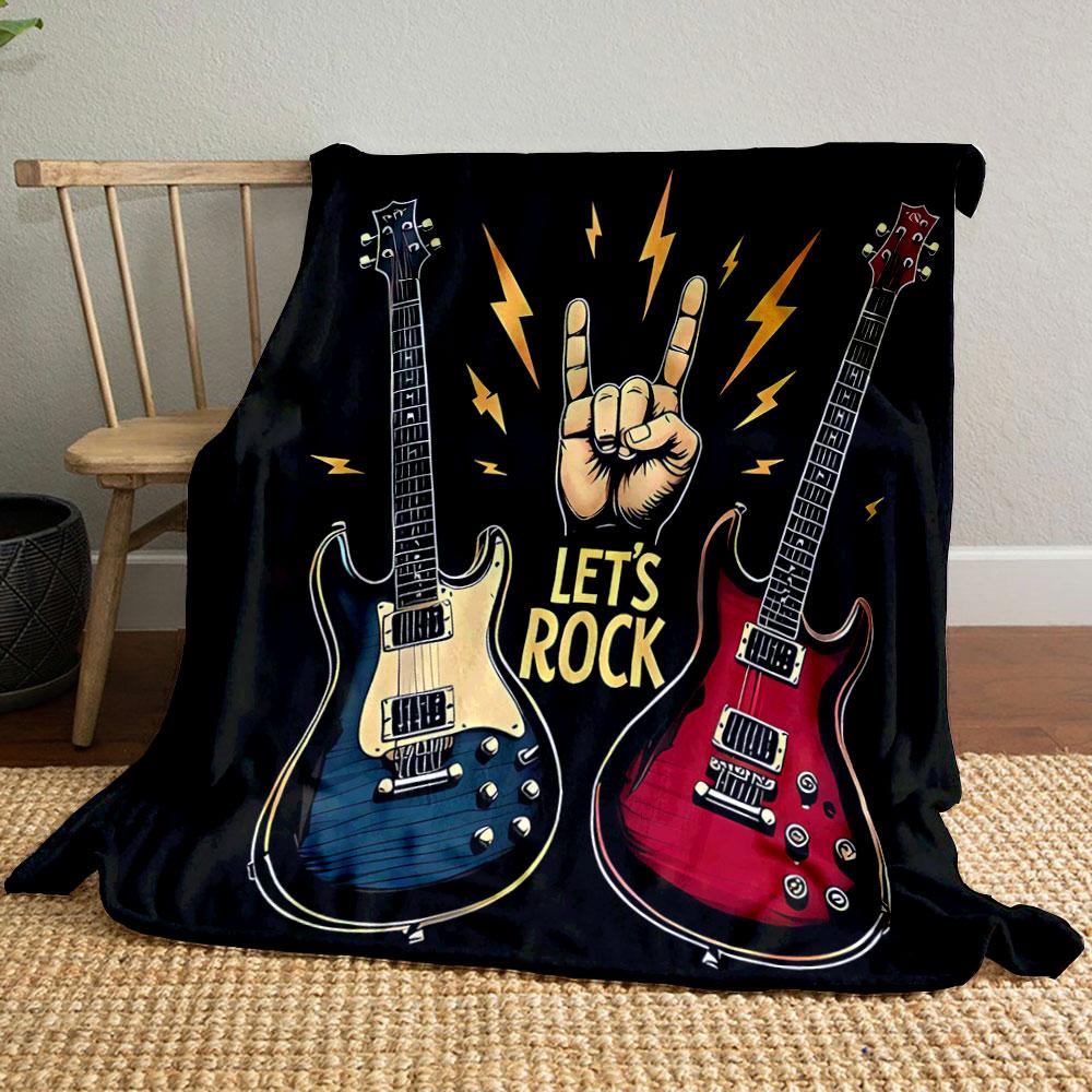 Two electric guitars, hand sign, lightning bolts, and "Let's Rock" text. for all seasons blanket lunch break throw gift