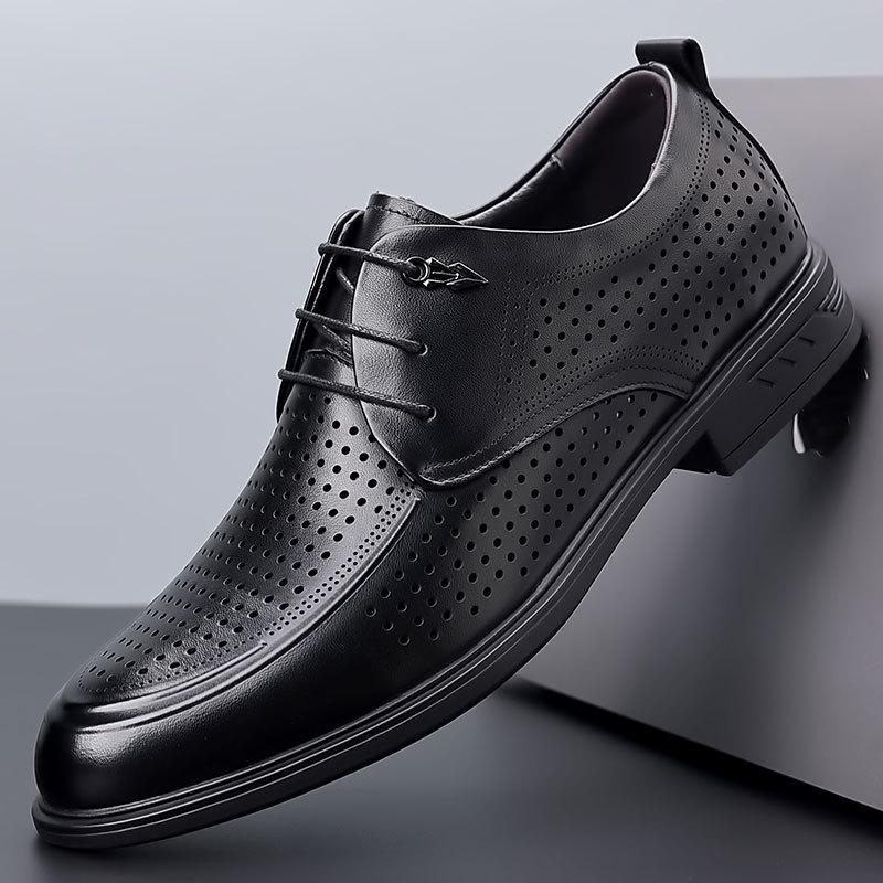 Men's Genuine Leather Breathable Formal Shoes – Top Layer Cowhide, Pointed Toe, Hollow Design, High-End Casual Style