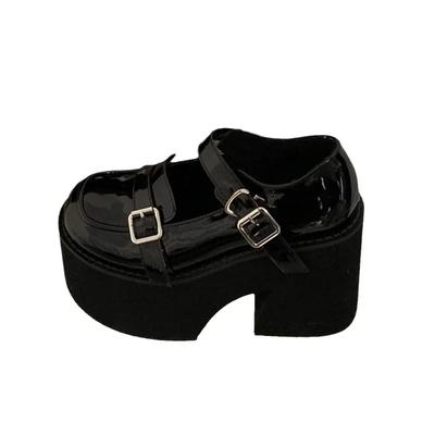 Модные женские туфли-лодочки на платформе Мэри Джейн Туфли 11 см на очень высоком толстом каблуке 2024 года Осенние туфли из лакированной кожи с пряжкой на ремне Готическая Лолита