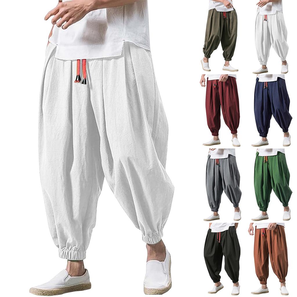 Men's Japanese Cotton Linen Cropped Pants Loose Wide-Legged Pants Plus Size Casual Pants