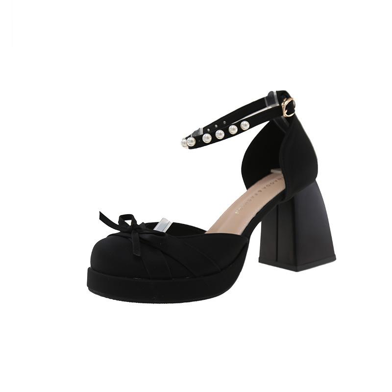 Французские босоножки на толстом каблуке с бантом женские 2025 лето маленький квадратный носок бант сумка на носке супер высокий каблук женские