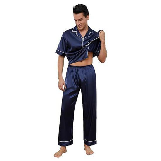 2Pcs/Set Silk Satin Men Pajama Set Notch Collar Button Down Pajama Top with Chest Pocket