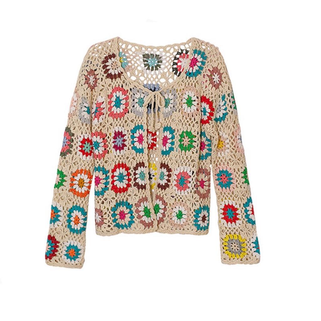 Women's Handmade Crochet Cardigan Knit Sweater Hollow Out Jacket Ethnic Long Sleeve Top