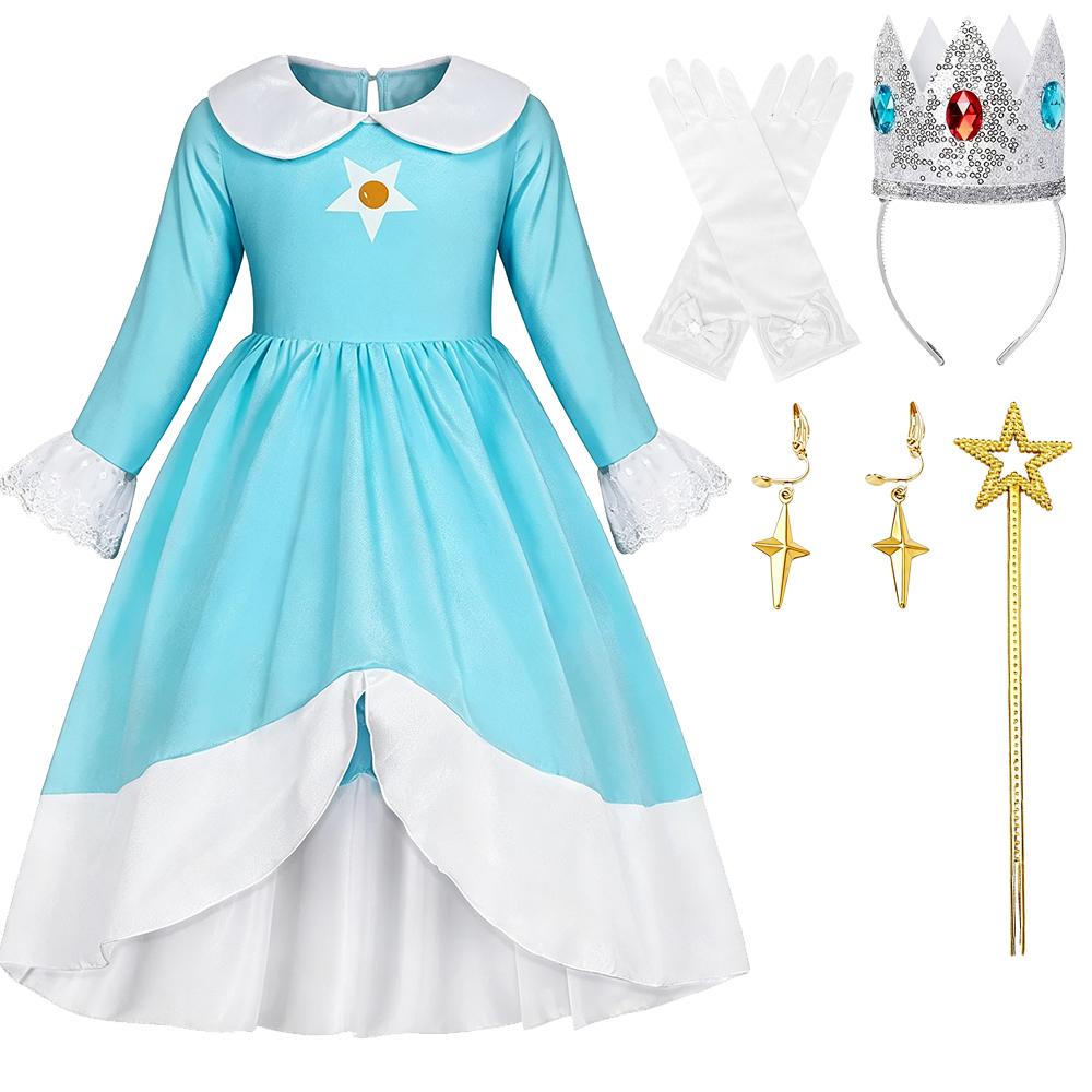 Rosalina Costumes Kids Long Sleeve Girl Fancy Peach Dress Blue Off Shoulder Princess Gown for Birthday Party Cosplay