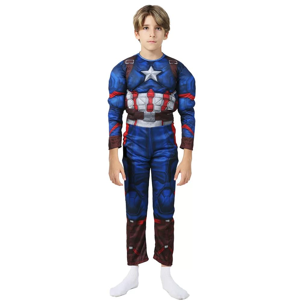 Boys Captain America Muscle Cosplay Outfit, Superhero Halloween Role Play Performance Costume