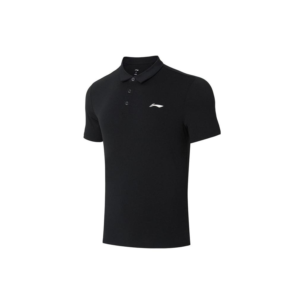 Li Ning Plain Color Polo Collar Straight Cut Short Sleeve Polo Shirt Men Tops Black APLT127-1