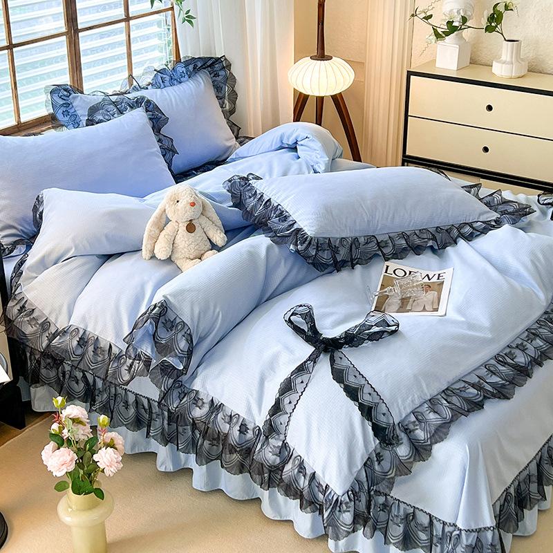 Покрывало из хлопка в стиле принцессы, однотонное, кружевное, стираное, из четырех частей, сирсакер, кружево, двойной пододеяльник