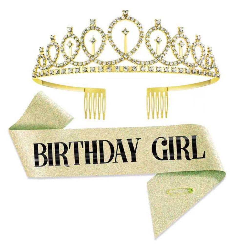 2Pcs/Set Glitter Birthday Tiara Gold Crystal Crown New Birthday Party Crown Sash 18 21 30 40 50th