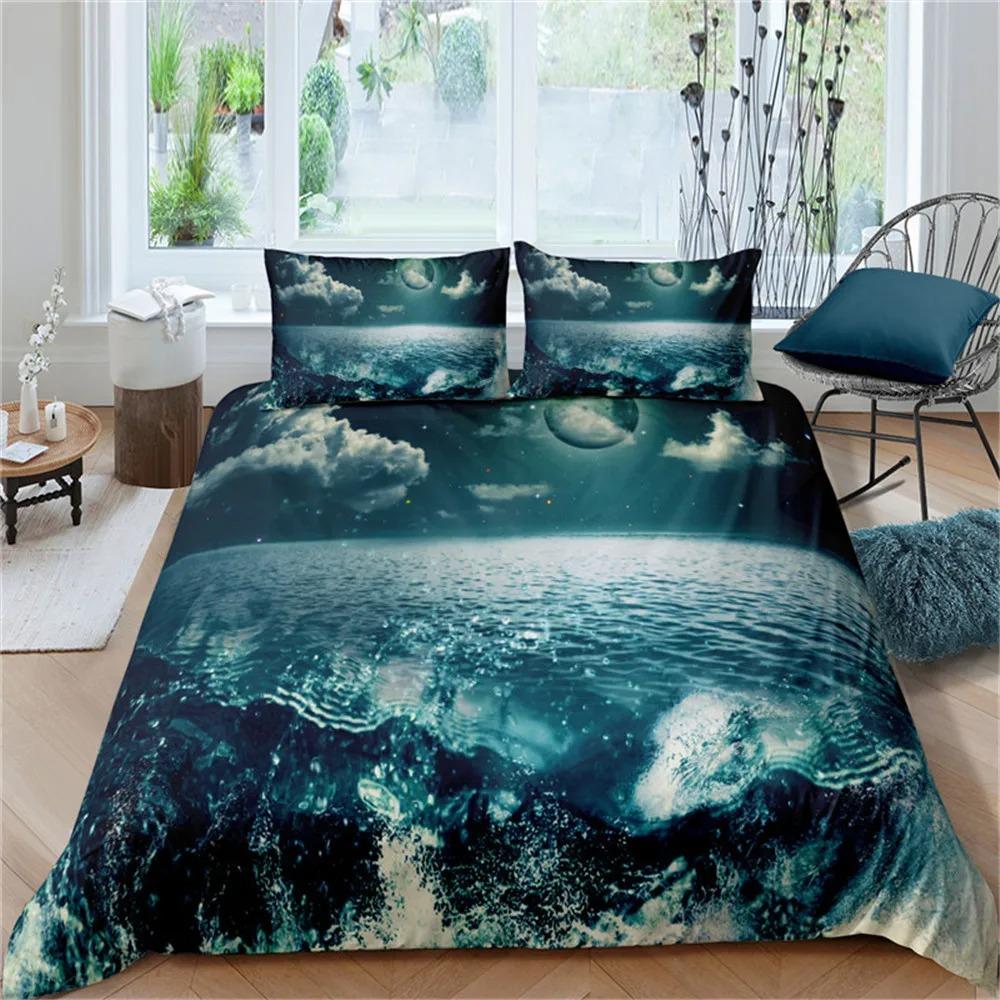Sea Wave Duvet Cover King/Queen Size 3D Blue Ocean Spray Waves Bedding Set for Kids Teens,Azure Seawater Soft Comforter Cover