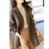 Autumn Winter Loose Plaid Tweed Wool Coat Single Breasted Notched Women Blazers Long Sleeve Jackets