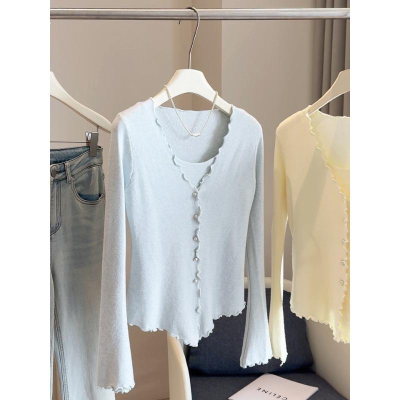 Осень Зима Поддельный Двойной Сплошной Цвет Пуловер Свитер Женский Повседневный Модный Все-сочетающийся Вязаный Топ