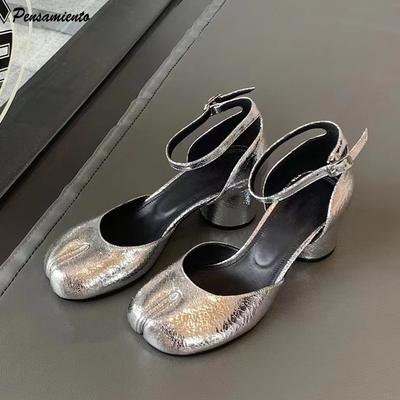 Мода Мода Разделенный палец Лакированная кожа Таби Женские туфли Лето Осень Ремешок на щиколотке Мэри Джейн 6 см Толстый высокий каблук Обувь для девочек-студенток