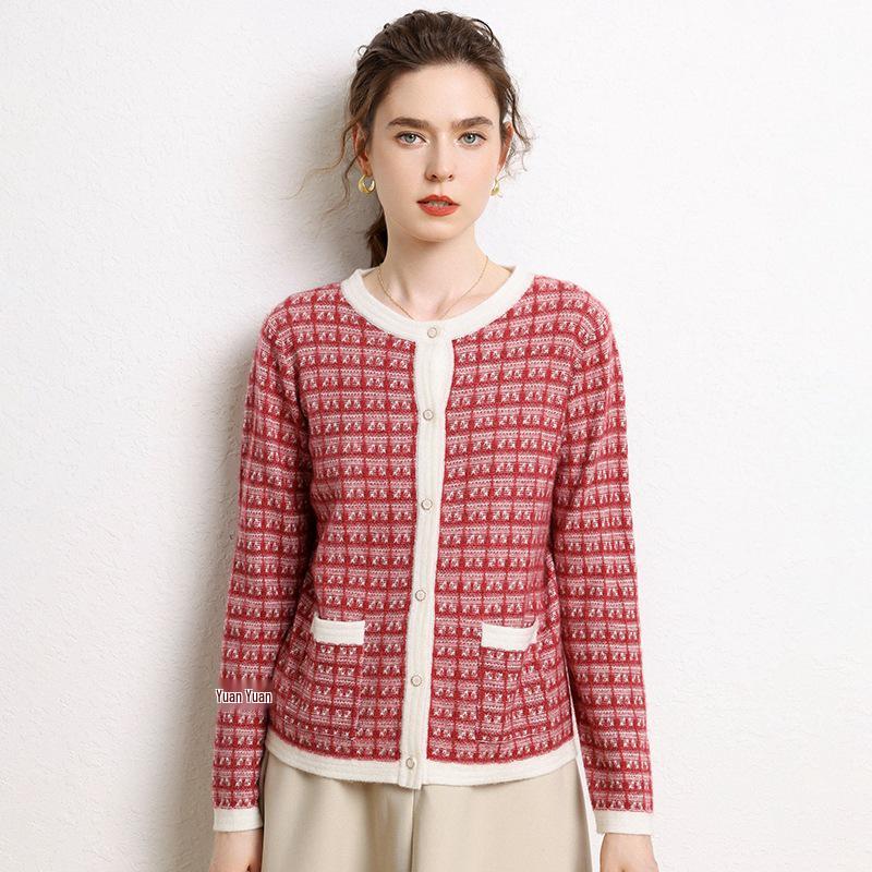 Women's Color Block Cashmere Cardigan – Autumn/Winter, Round Neck, Long Sleeve, Loose Fit with Pockets.