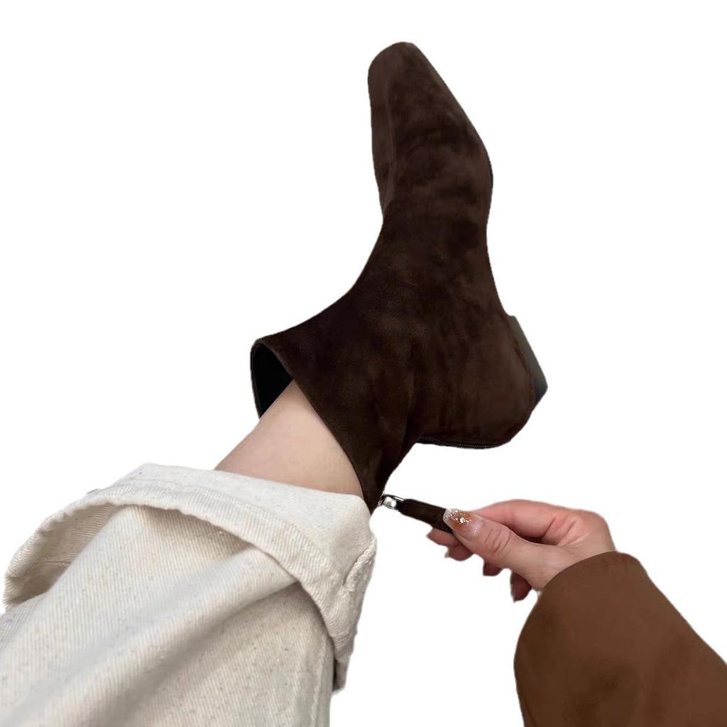 Замшевые корейские ботильоны на грубом каблуке, женские туфли, новинка 2024 года, универсальные тонкие бархатные ботинки, короткие ботинки в иностранном стиле