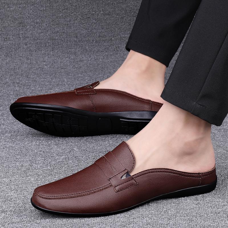 Fashion Handmade Loafers Summer Slip On Half Shoes for Men Genuine Leather Slippers Casual Breathable Comfy Male Muller Shoes Half Drag