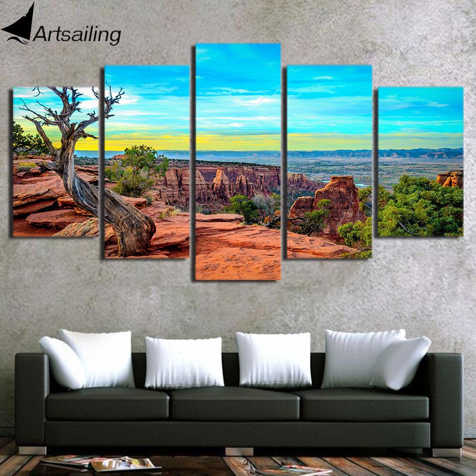 HD Printed 5 Piece Canvas Art Sunset Mountains Wall Pictures for Living Room Modern
