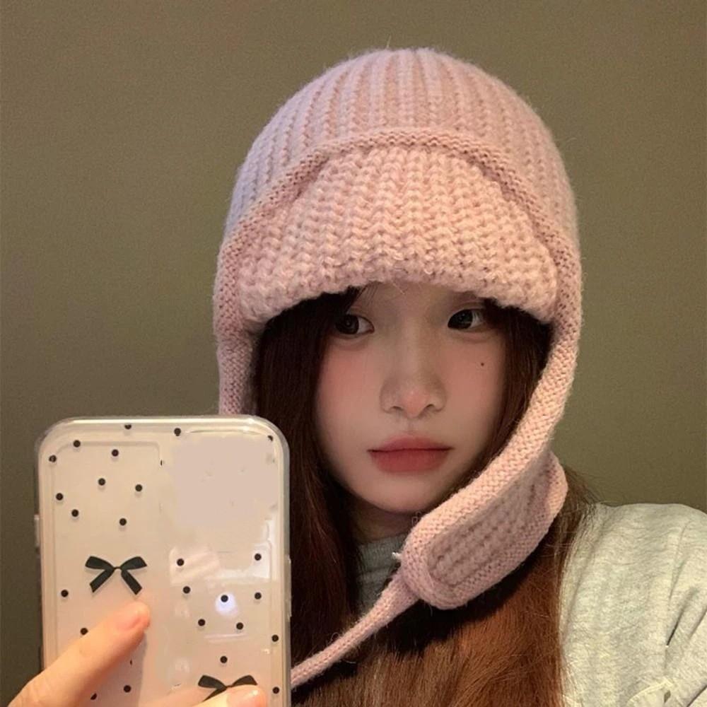 Solid Color Knitted Woolen Hat Korean Style Woolen Crochet Cap Casual Knitted Flying Cap  Outdoor